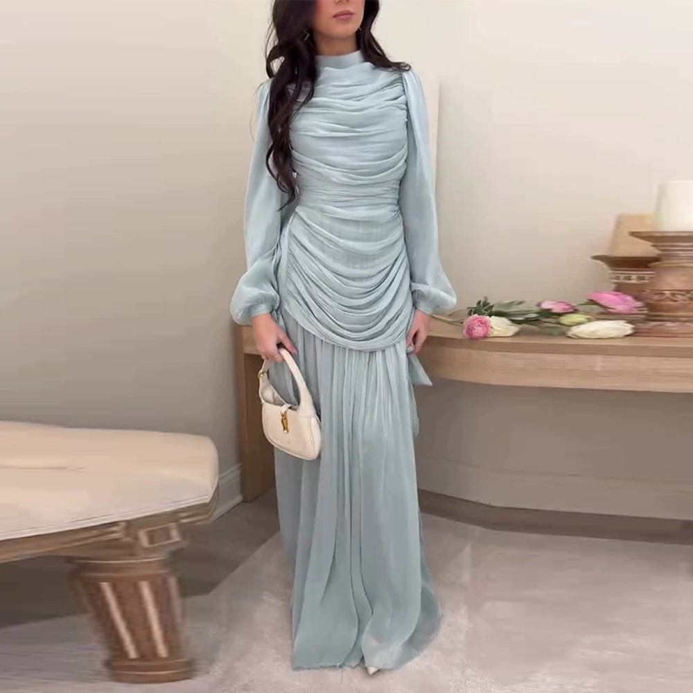 Forever 21 Year Pleated French Long-Sleeve Light Blue Chiffon Dress
